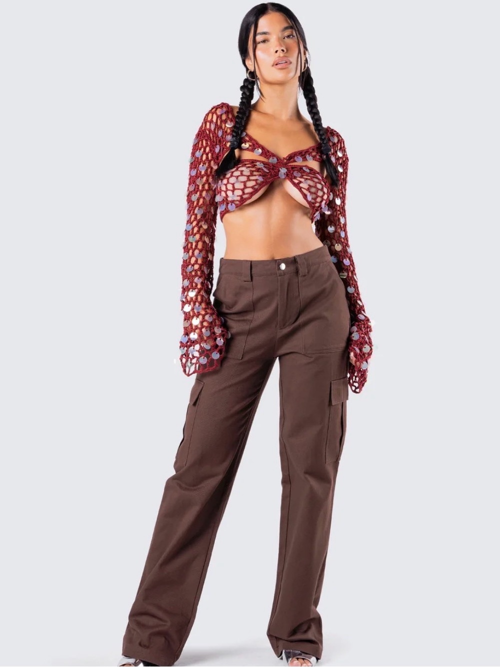 Finesse Burgundy Cropped Fishnet Long-Sleeve Top with Sequin Accents